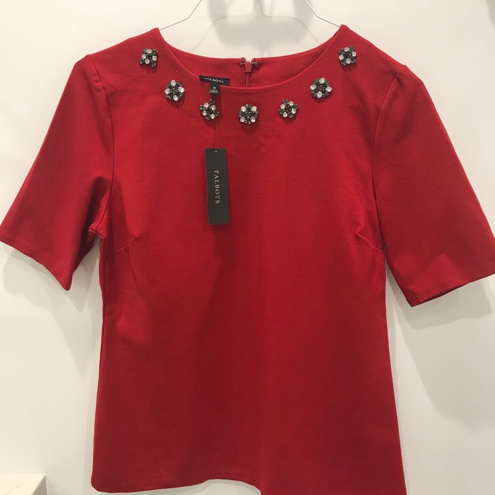 Talbots Red jeweled neckline shirt